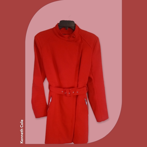 Vintage Kenneth Cole New York Red Jacket Zip Mid Length Asymmetrical Belt Coat M - Picture 15 of 15
